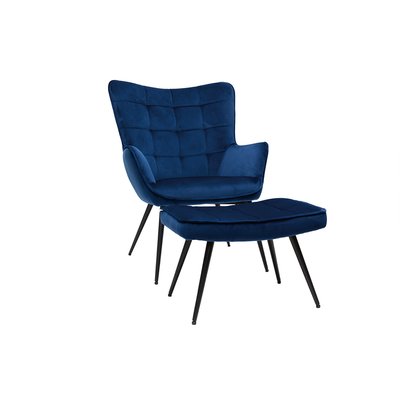 Fauteuil avec repose-pieds design en tissu velours bleu foncé et métal noir MOOD MILIBOO