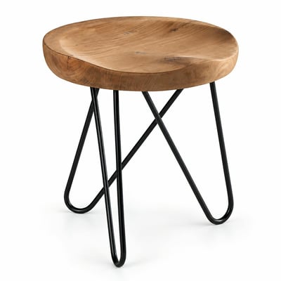 Tabouret en teck massif avec 3 pieds en épingle métal noir D40xH43cm TOWN PIER IMPORT