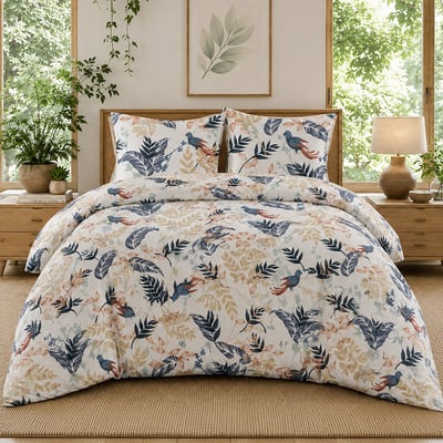 Parure de lit en percale de coton motif tropical, OIZEL ATELIER DU COTON