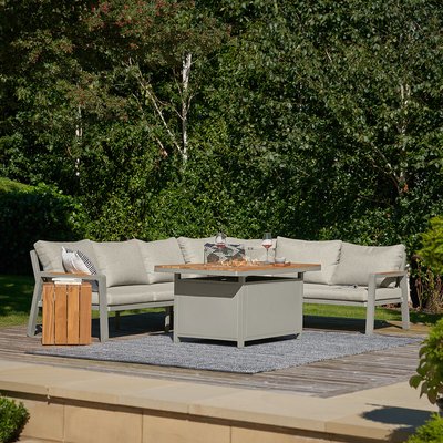 Stockholm 6 Seater Garden Corner Sofa Set Limestone with Fire Pit Table SO'HOME