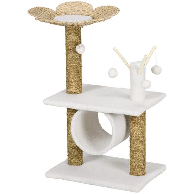 Arbre à chat style cosy chic fleur peluche blanche quenouille tressée PAWHUT