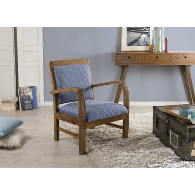 Fauteuil Teck assise tissu coton bleu motifs traditionnels vagues Seigaiha 61x63x81cm DIKA PIER IMPORT