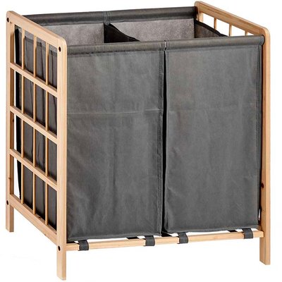 Panier à linge double bois et toile grise 59.5x33x60cm WADIGA
