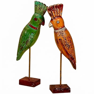 Set de 2 statuettes perroquets en bois vert et orange 7x8x37cm WADIGA