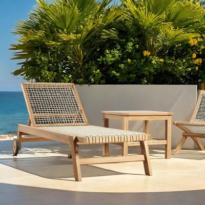 Bain soleil en teck et corde avec roulette naturel Leina WANDA COLLECTION