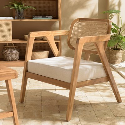 Fauteuil exotique dossier cannage teck et coussin gris MANAK PIER IMPORT