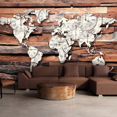 Papier peint intissé panoramique Carte du monde Map On Wood EDEN