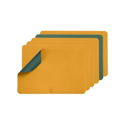 Set de table rectangulaire réversible - 6 pièces - Cuir recyclé jaune moutarde et vert sapin BJORN