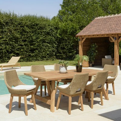 Salon de jardin teck naturel 1 table pieds tréteaux 220 cm + 6 chaises résine tressée MANY PIER IMPORT