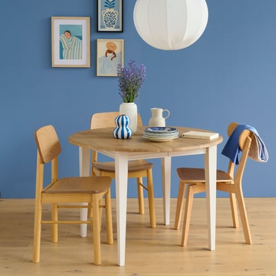 Table ronde extensible en chêne/grège 4/6 places D105 pieds fuseau - VICTORIA HELLIN, DEPUIS 1862
