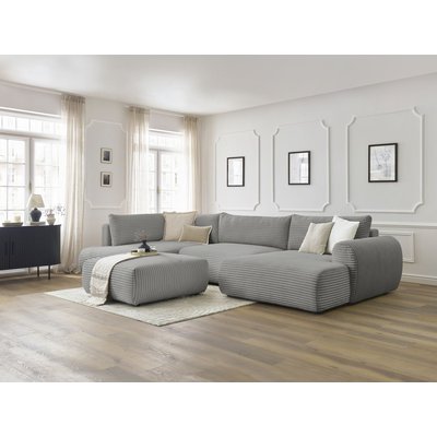 Canapé panoramique convertible 6 places en gros côtelé doux avec pouf, LUCIEN BOBOCHIC