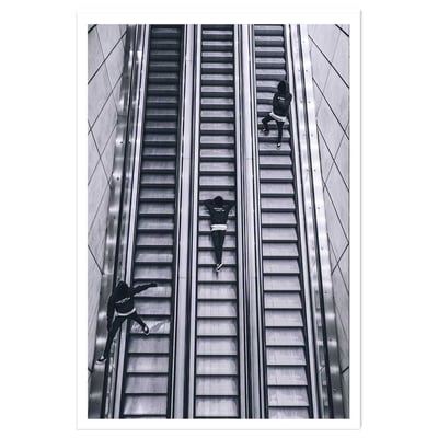 Affiche noir et blanc clic clac escalators HEXOA