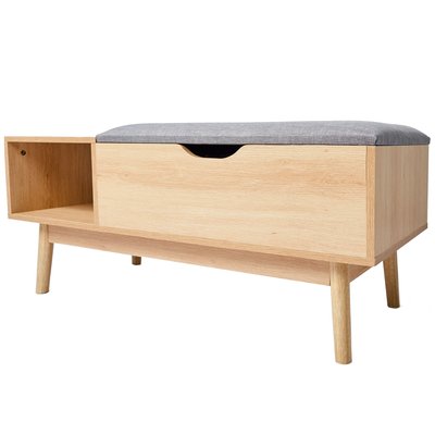 Banc entrée 1 tiroir et 1 casier en bois et assise polyester gris 100x40x45cm WADIGA