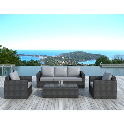 Salon de Jardin NAPOLI 4 pièces en résine tressée grise anthracite et coussins tissu gris clair PIER IMPORT