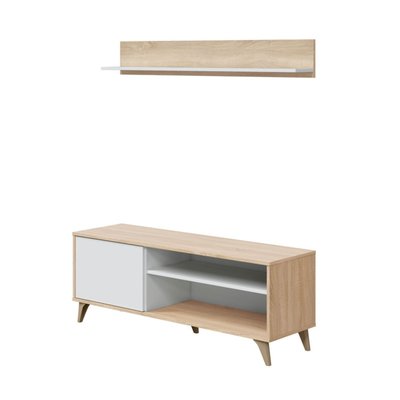 Meuble TV 2 niches et 1 porte avec son étagère murale Kikua Plus - L135 cm CALICOSY