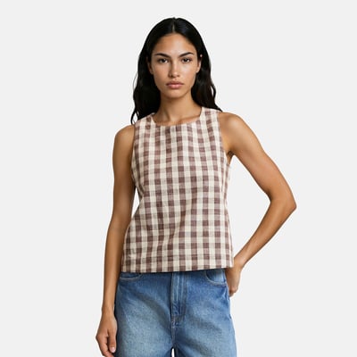 Top sans manches imprimé vichy en coton et lin LA REDOUTE COLLECTIONS