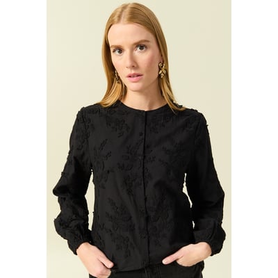 Chemisier Femme Noir à Motif Fleurs Vertes - Taille 16 - Marque South - Occasion Très Bon état - Manches Longues