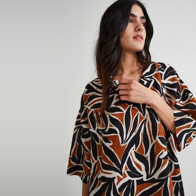 Robe courte col V imprimée en lin, certifié European flax MONOPRIX