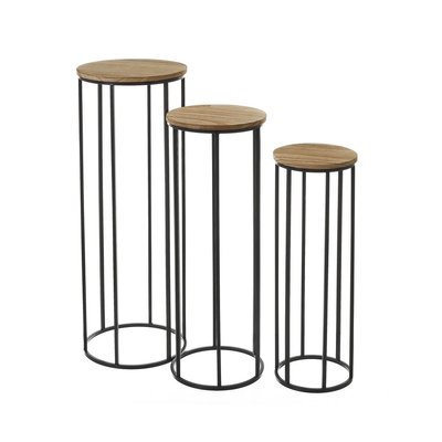 Set de 3 Sellettes Rondes en Métal Noir et Plateaux Bois WADIGA