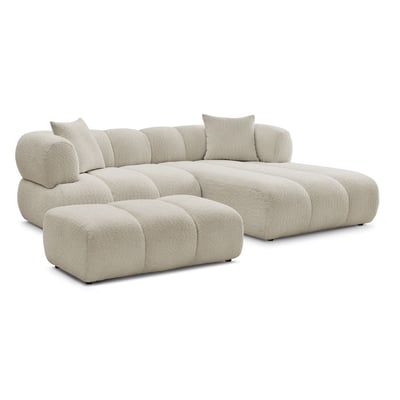 Canapé d'angle fixe 4 places en tissu bouclette avec pouf, PAMIRA BOBOCHIC