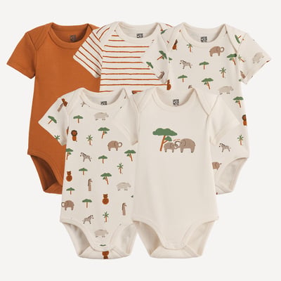 Lot de 5 bodies emmanchures américaines manches courtes, en coton, thème savane LA REDOUTE COLLECTIONS
