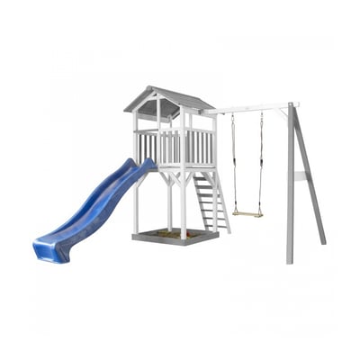 AXI Structure de jeu Beach Tower Gris Blanc avec 1 balancoire et toboggan Bleu AXI HOUSE