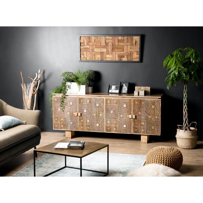 Buffet ethnique bois de manguier motifs carrés 4 portes 177cm MAURAI PIER IMPORT