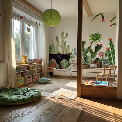 Papier peint pour enfant avec cactus et animaux - 340x260 cm (l x h) LA TOUCHE ORIGINALE