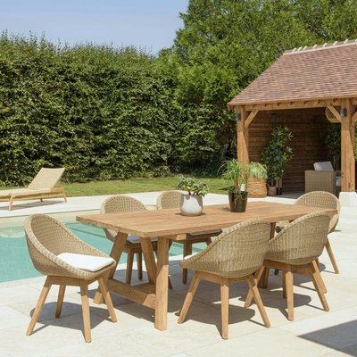 Salon de jardin teck naturel 1 table pieds tréteaux 220 cm + 6 chaises arrondies résine tressée MANY PIER IMPORT
