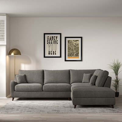Amelia Soft Brushed Corner Sofa & Modular Footstool Set with Dark Wood Legs (Right Facing) SO'HOME