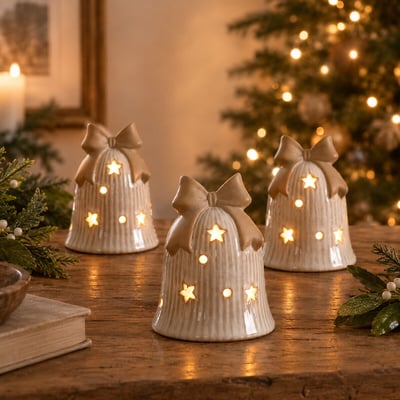 Set of 3 12cm Nordic Lights Light-up Porcelain Bells with Bow SO'HOME