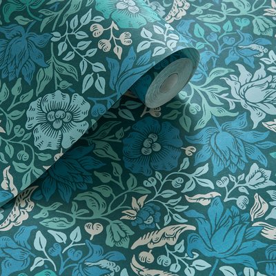 Mallow Teal Wallpaper WILLIAM MORRIS BY CLARKE & CLARKE