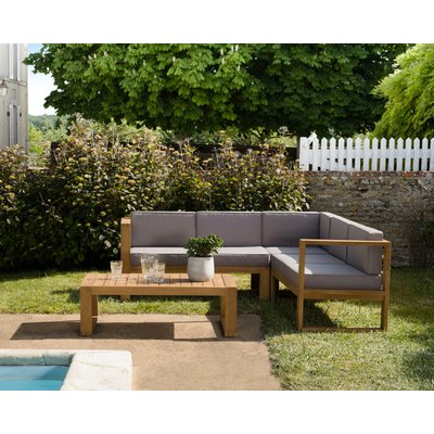 Salon de jardin en teck et coussins canapé d'angle 5 places + 1 table basse SUMMER 5 places PIER IMPORT