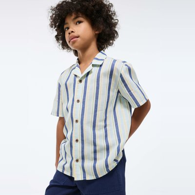 Chemise manches courtes rayée en coton et lin MONOPRIX