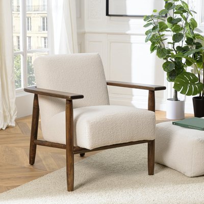 Fauteuil tissu bouclette écru accoudoirs bois TIM PIER IMPORT