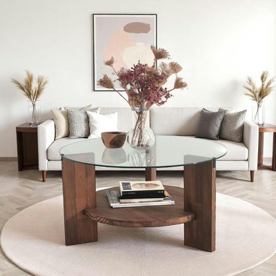 Table basse ronde en verre et bois brun - 2 plateaux ANZIO PIER IMPORT