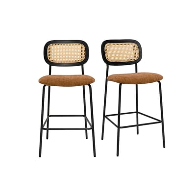 Tabourets design en tissu effet velours texturé terre brulée, métal noir et cannage rotin (lot de 2) MIRANDA MILIBOO
