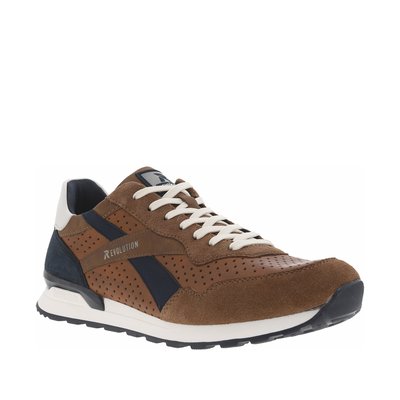 Baskets aspect cuir ajouré marron à semelle running et à lacets plats beige RIEKER