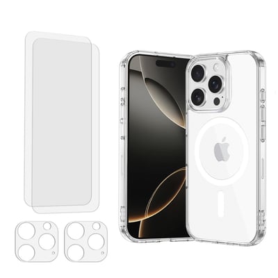 Coque Anti-choc compatible Magsafe pour iPhone 16 Pro Max Transparente + 2 protections écran et 2 protections objectif caméra EVETANE