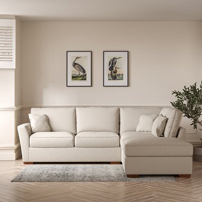 Florence Textured Woven Corner Sofa & Modular Footstool Set with Dark Brown Wood Legs (Right Facing) SO'HOME
