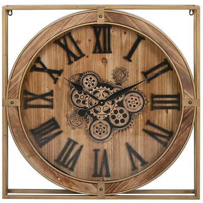 Grande horloge murale bois et métal doré 72x10x72cm WADIGA
