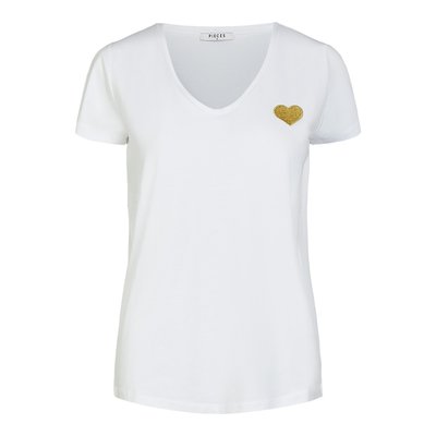 Tshirt col V, cœur brodé PIECES