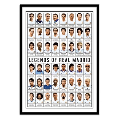 Affiche d’art et cadre noir 50 x 70 cm - Legends of Real Madrid - Olivier Bourdereau WALL EDITIONS
