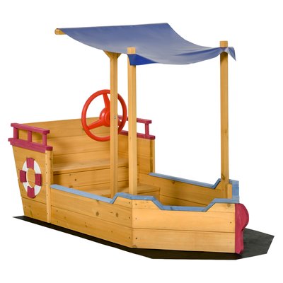 Bac à sable bateau de pirate en bois avec voile d'ombrage OUTSUNNY