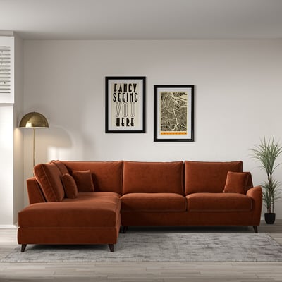 Amelia Velvet Corner Sofa & Modular Footstool Set with Dark Wood Legs (Left Facing) ÉDITÉ