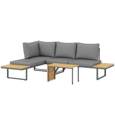 Ensemble salon de jardin 4 places modulable acier gris bois acacia OUTSUNNY