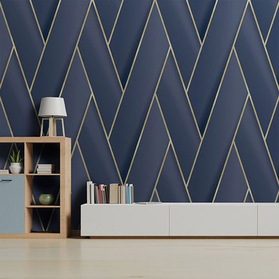 Papier peint géométrique bleu d'or HEXOA