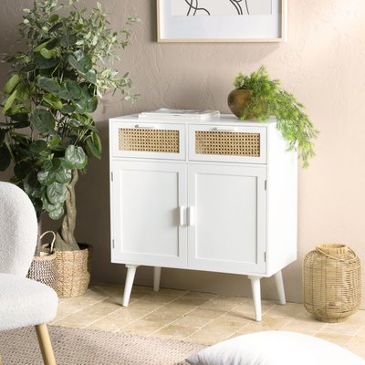 Buffet moderne bois blanc 2 portes 2 tiroirs rotin CALVIA PIER IMPORT
