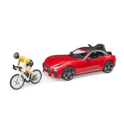 Voiture bruder roadster avec porte velo, un velo de route et une cycliste BRUDER