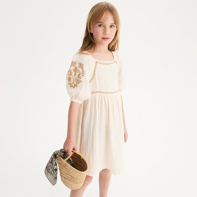 Vestido bordado de manga corta de gasa de algodón LA REDOUTE COLLECTIONS